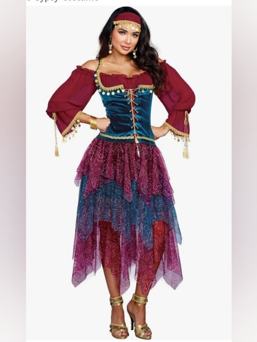 Spirit Gypsy Fortune Teller Costume Gold Coin Trim Adult Medium NWOT